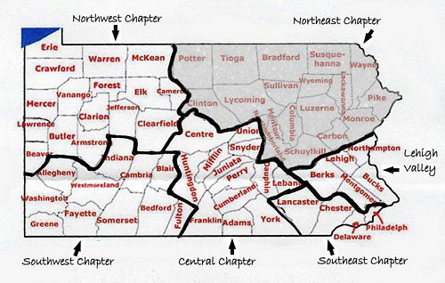 The PA map shows a rough outline of which counties are included within the Northeast Chapter (highlighted in grey).
