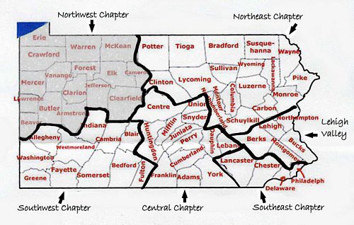 The PA map shows a rough outline of which counties are included within the Northwest Chapter (highlighted in grey).
